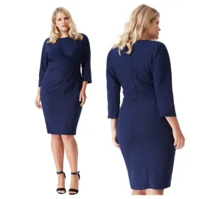 Cocktailjurk - grote maat marine-blauw lange mouwen strech-stof (elastisch)