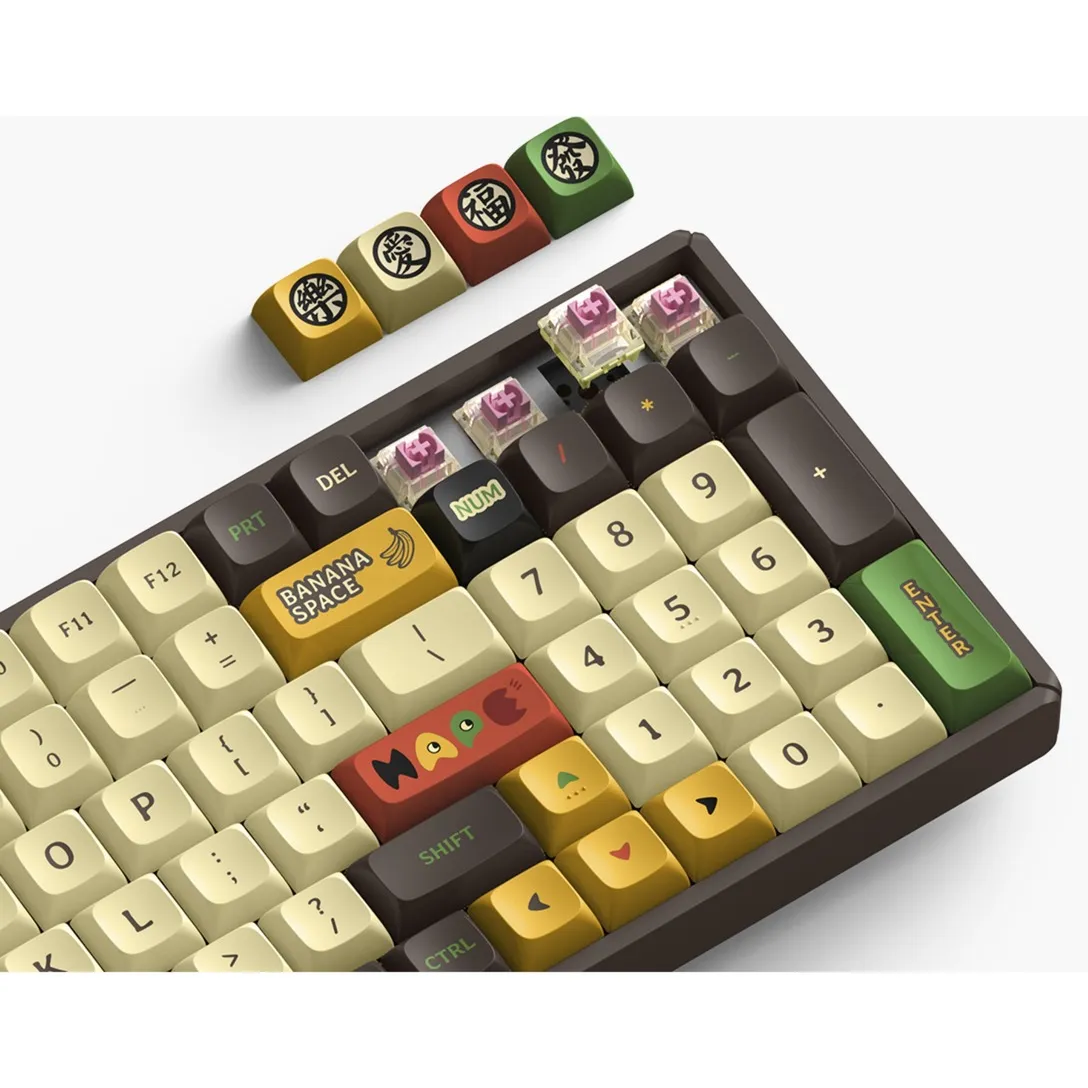 IQUNIX F97 HAPPY APE WIRELESS MECHANICAL KEYBOARD, GAMING TOETSENBORD (BRUIN/GEEL, US LAYOUT, CHERRY MX RED, RGB LEDS, 96%, HOT