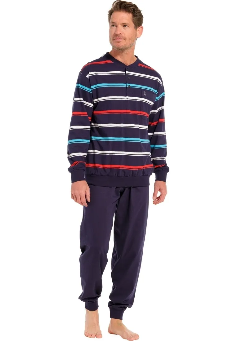 katoenen herenpyjama met lange mouwen en knopen 'bright stripes'