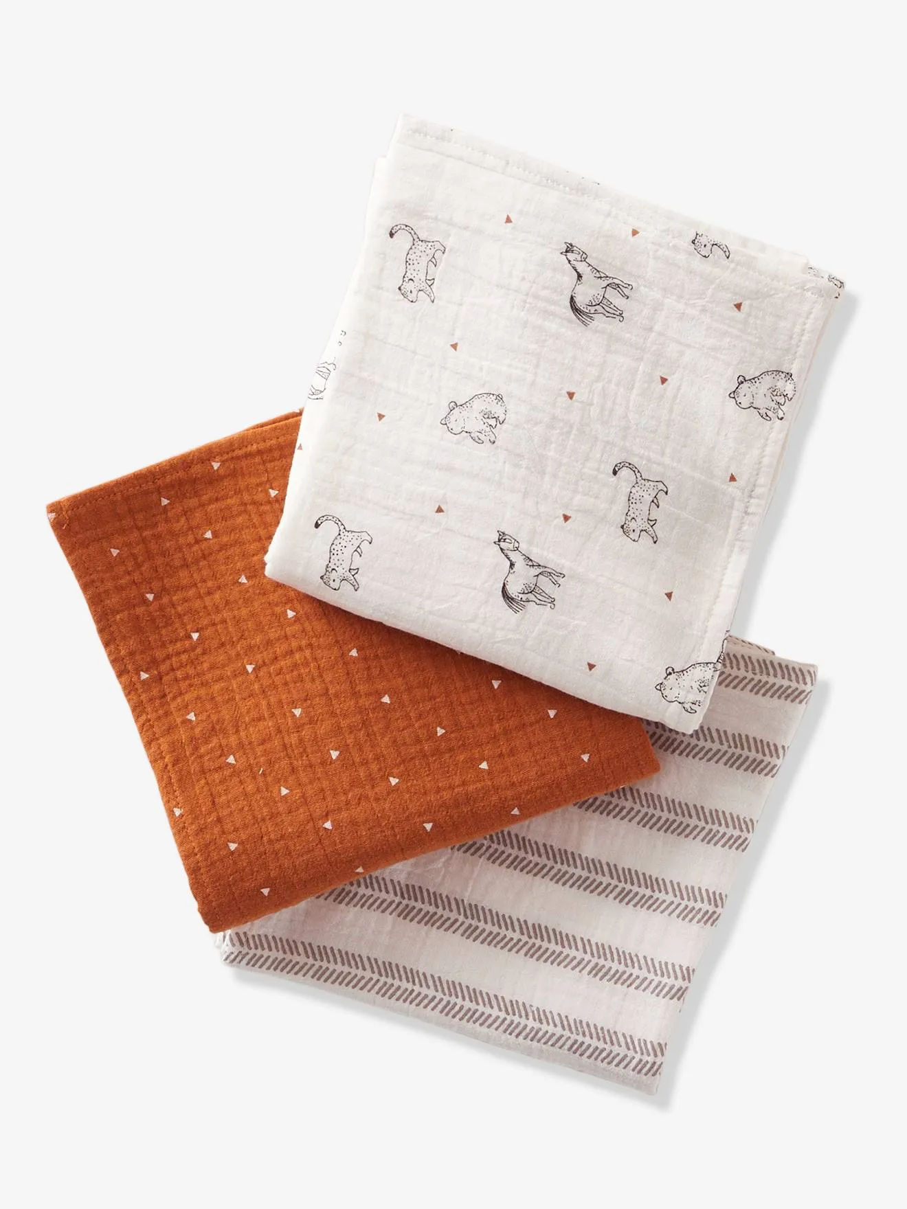 VERTBAUDET  SET VAN 3 DOEKEN VAN BIO* KATOENGAAS PETIT NOMADE OEKOTEX®  ECRU/MEERKLEURIG